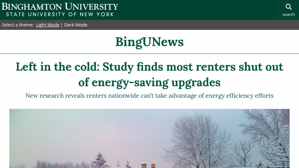 Screenshot of binghamton.edu: Most renters shut out of energy-saving upgrades – study