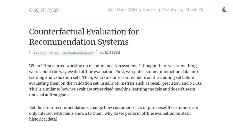 Screenshot of eugeneyan.com: Counterfactual evaluation for recommendation systems