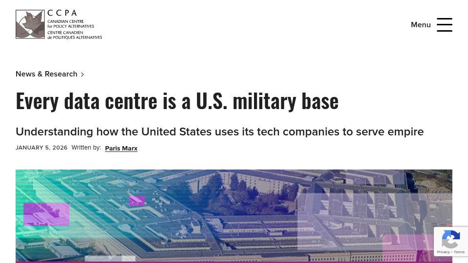 Screenshot of policyalternatives.ca: Every data centre is a U.S. military base