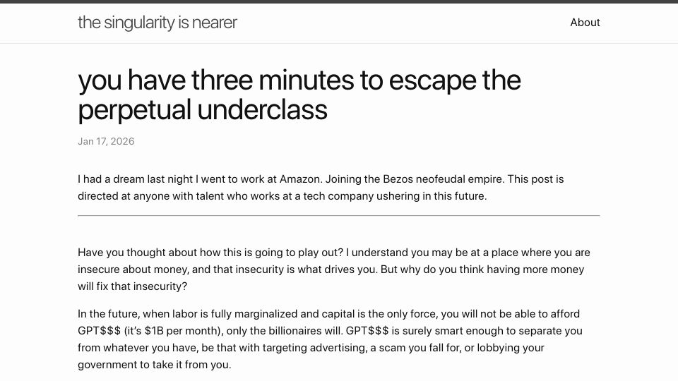 Screenshot of geohot.github.io: You have three minutes to escape the perpetual underclass – geohot