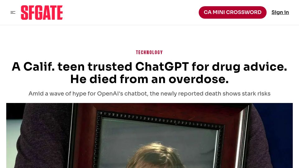 Screenshot of sfgate.com: A Calif. teen trusted ChatGPT's drug advice. He died from an overdose