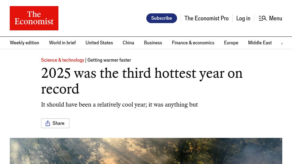 Screenshot of economist.com: 2025 was the third hottest year on record