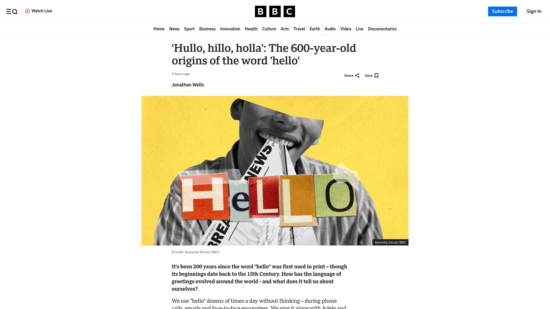 Screenshot of bbc.com: The 600-year-old origins of the word 'hello'