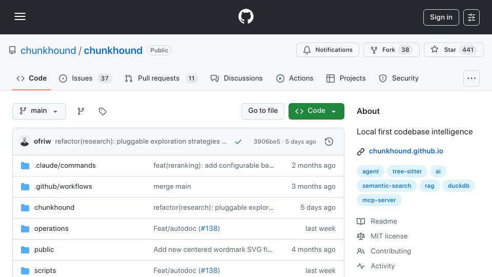 Screenshot of github.com: Show HN: ChunkHound, a local-first tool for understanding large codebases