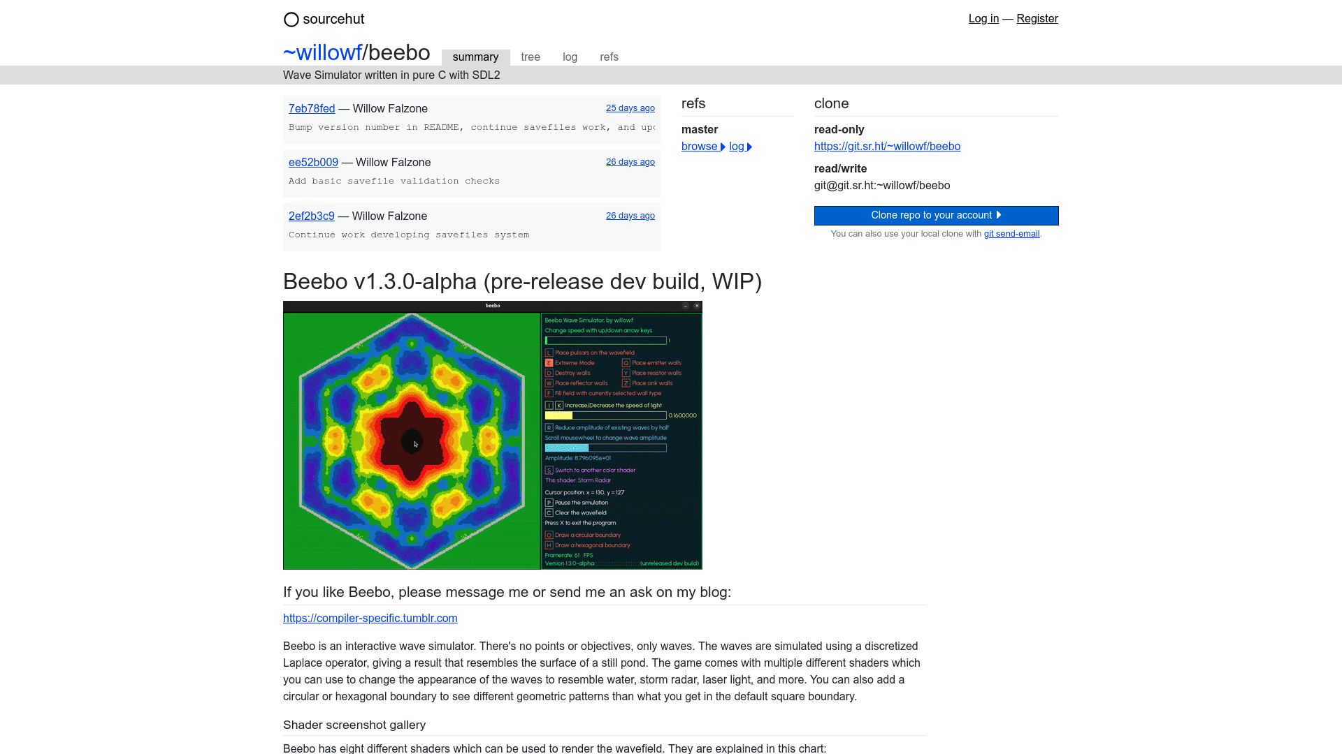 Screenshot of git.sr.ht: Beebo, a wave simulator written in C