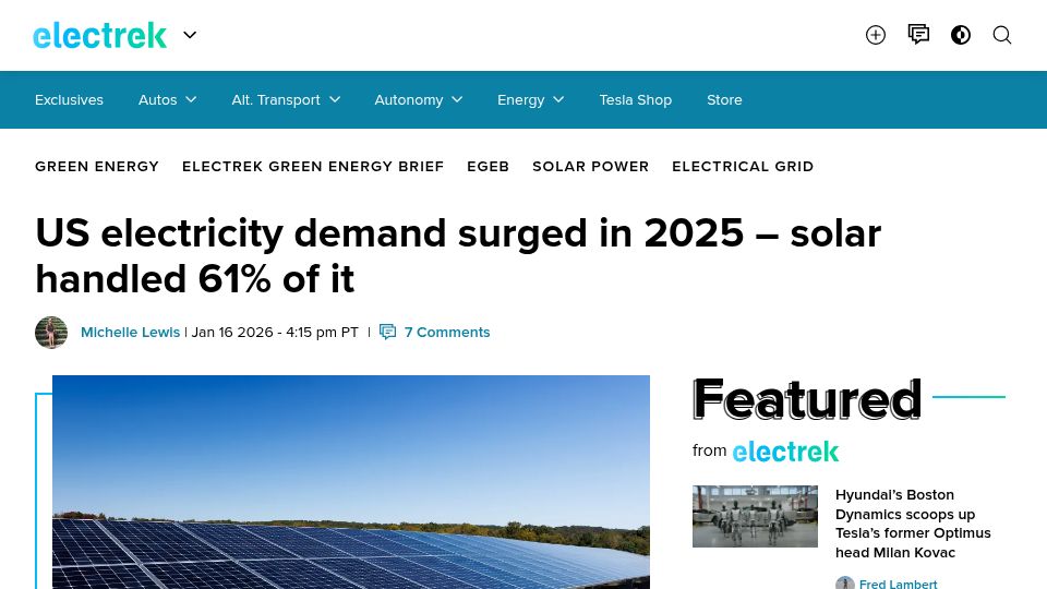 Screenshot of electrek.co: US electricity demand surged in 2025 – solar handled 61% of it