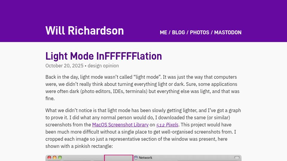 Screenshot of willhbr.net: Light Mode InFFFFFFlation