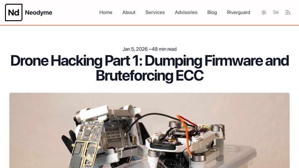 Screenshot of neodyme.io: Drone Hacking Part 1: Dumping Firmware and Bruteforcing ECC