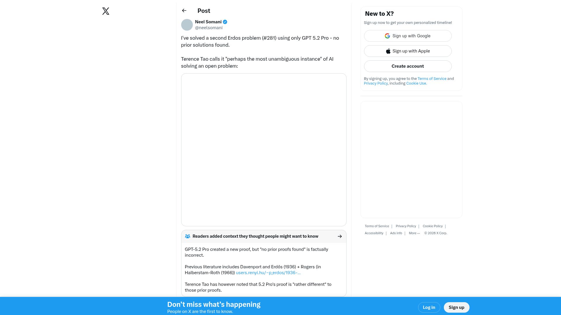 Screenshot of twitter.com: Erdos 281 solved with ChatGPT 5.2 Pro