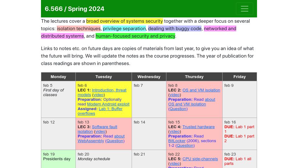 Screenshot of css.csail.mit.edu: Computer Systems Security 6.566 / Spring 2024