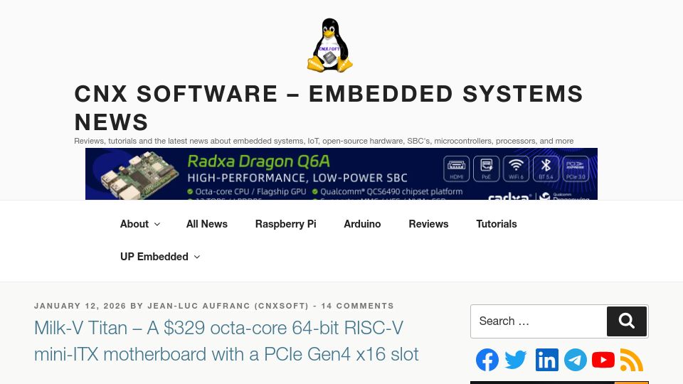 Screenshot of cnx-software.com: Milk-V Titan: A $329 8-Core 64-bit RISC-V mini-ITX board with PCIe Gen4x16