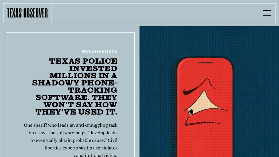 Screenshot of texasobserver.org: Texas police invested in phone-tracking software and won’t say how it’s used