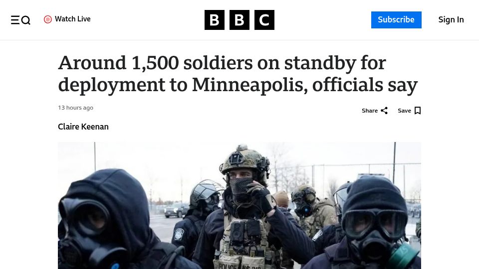 Screenshot of bbc.co.uk: Around 1,500 soldiers on standby for deployment to Minneapolis