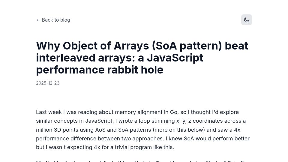 Screenshot of royalbhati.com: Why Object of Arrays beat interleaved arrays: a JavaScript performance issue