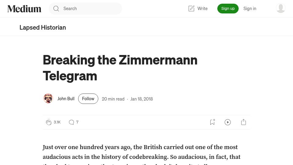 Screenshot of medium.com: Breaking the Zimmermann Telegram (2018)