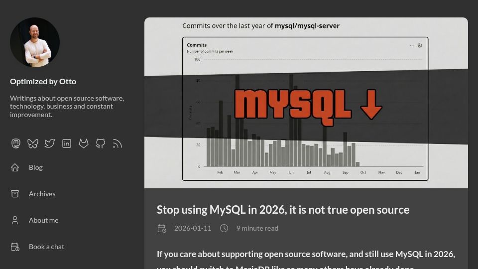Screenshot of optimizedbyotto.com: Stop using MySQL in 2026, it is not true open source