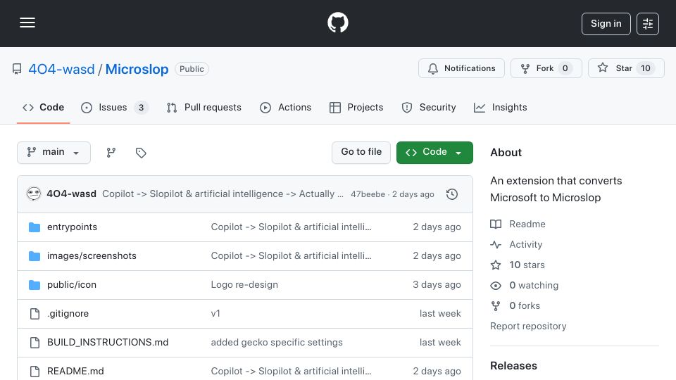 Screenshot of github.com: Microslop: A Web Browser Extension