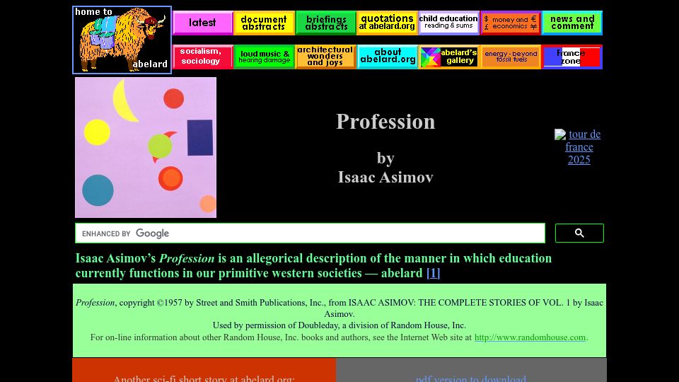 Screenshot of abelard.org: Profession by Isaac Asimov (1957)