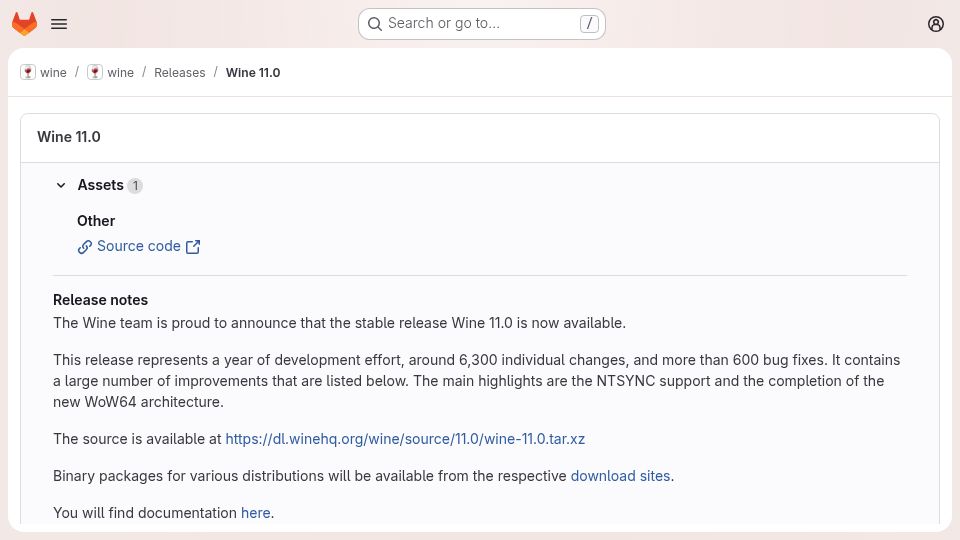 Screenshot of gitlab.winehq.org: Wine 11.0