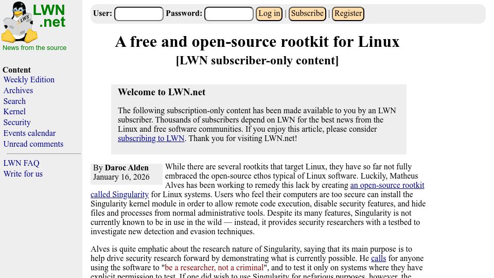 Screenshot of lwn.net: A free and open-source rootkit for Linux