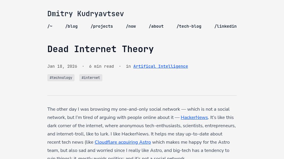 Screenshot of kudmitry.com: Dead Internet Theory