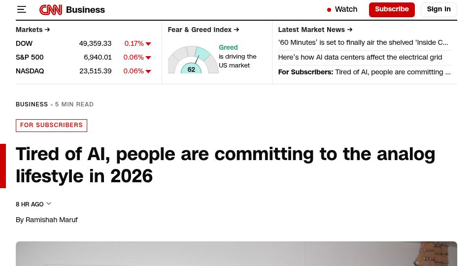 Screenshot of cnn.com: Tired of AI, people are committing to the analog lifestyle in 2026