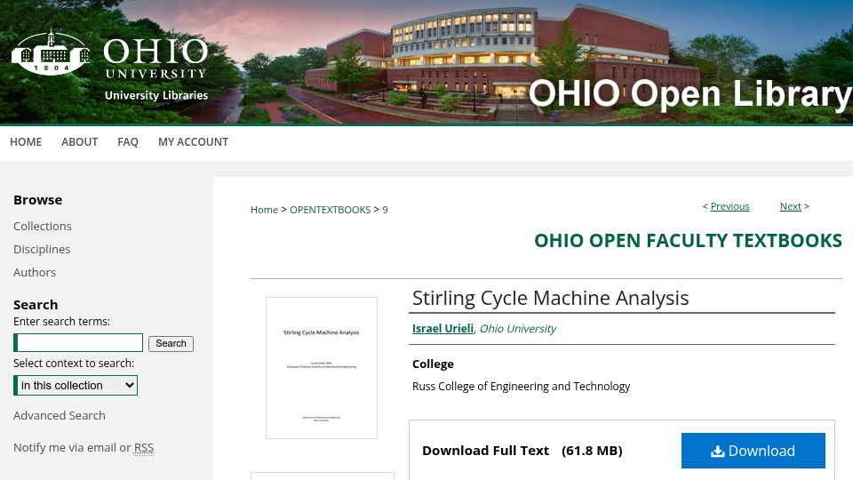 Screenshot of ohioopen.library.ohio.edu: Stirling Cycle Machine Analysis