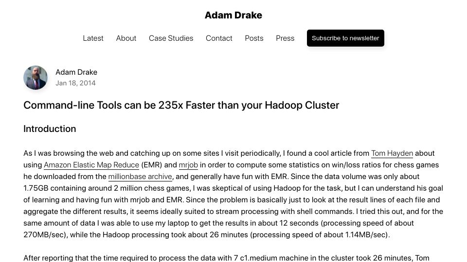 Screenshot of adamdrake.com: Command-line Tools can be 235x Faster than your Hadoop Cluster (2014)