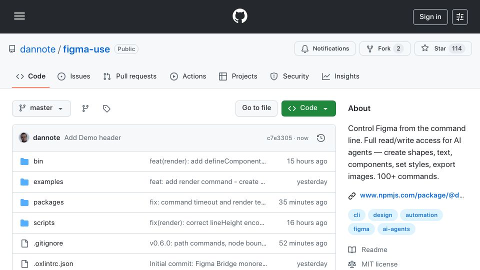 Screenshot of github.com: Show HN: Figma-use – CLI to control Figma for AI agents