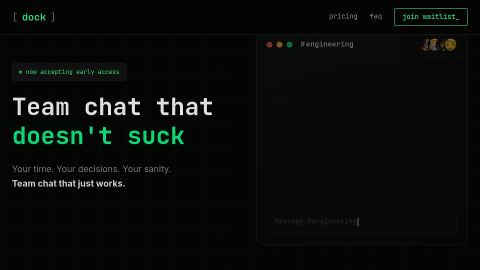 Screenshot of getdock.io: Show HN: Dock – Slack minus the bloat, tax, and 90-day memory loss