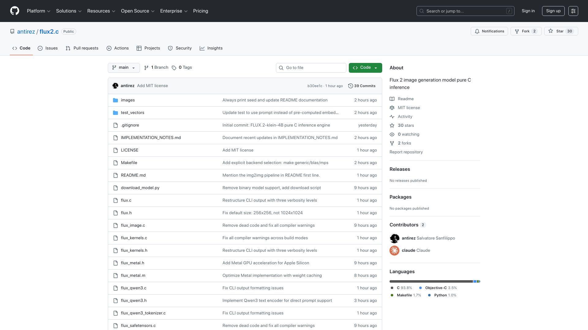 Screenshot of github.com: Flux 2 Klein pure C inference