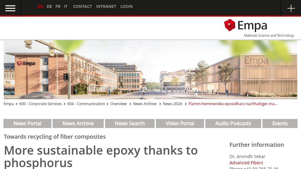 Screenshot of empa.ch: More sustainable epoxy thanks to phosphorus