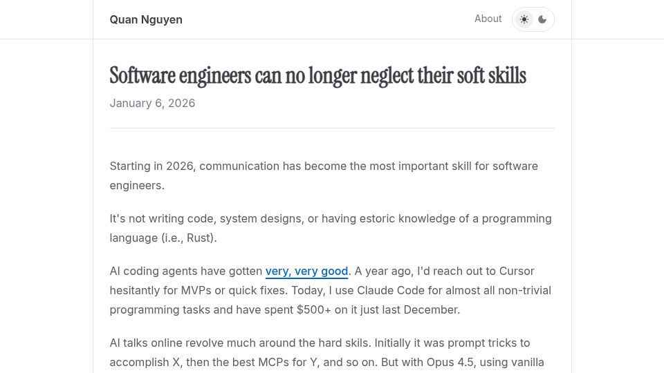 Screenshot of qu8n.com: Software engineers can no longer neglect their soft skills
