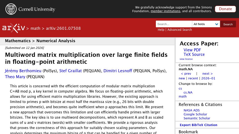 Screenshot of arxiv.org: Multiword matrix multiplication over large finite fields in floating-point