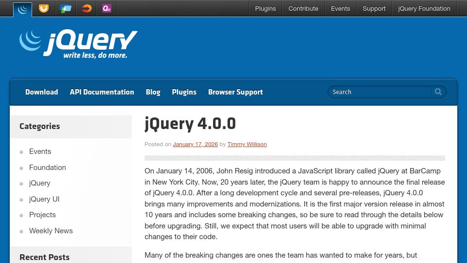 Screenshot of blog.jquery.com: jQuery 4