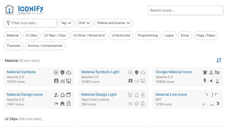 Screenshot of icon-sets.iconify.design: Iconify: Library of Open Source Icons