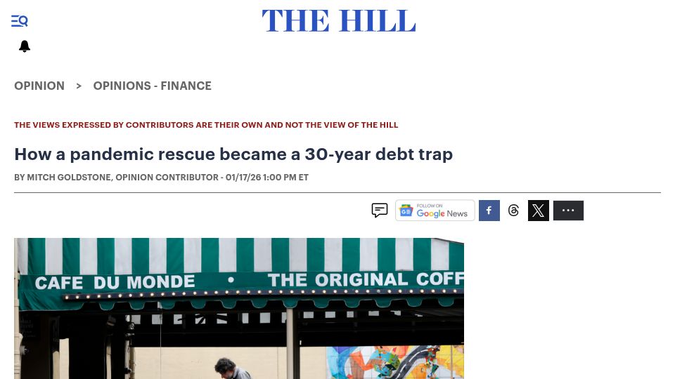 Screenshot of thehill.com: A pandemic rescue became a 30-year debt trap