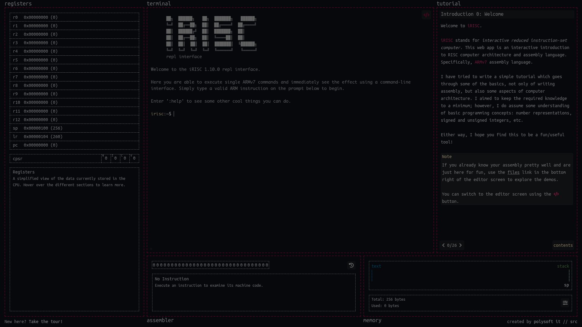 Screenshot of polysoftit.co.uk: IRISC: An ARMv7 assembly interpreter and computer architecture simulator