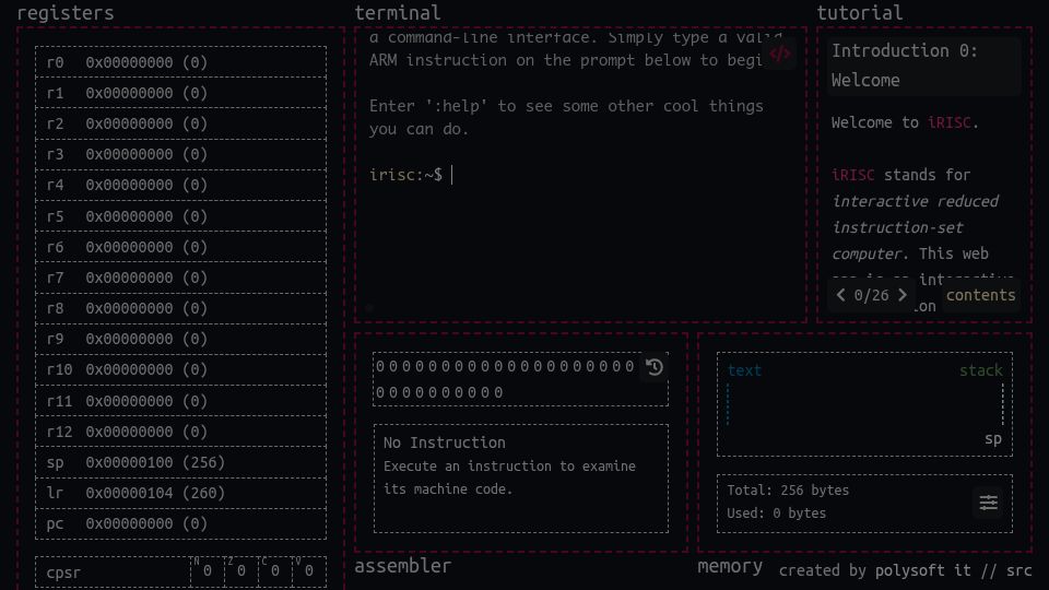 Screenshot of polysoftit.co.uk: IRISC: An ARMv7 assembly interpreter and computer architecture simulator