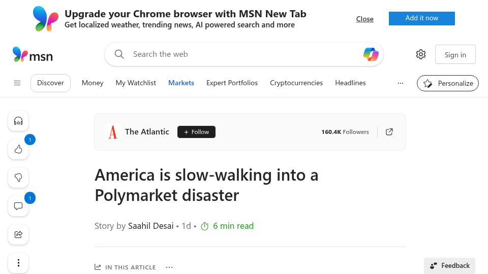 Screenshot of theatlantic.com: Prediction markets are ushering in a world in which news becomes about gambling