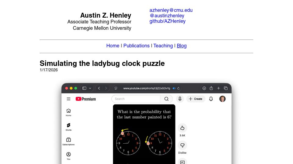 Screenshot of austinhenley.com: Simulating the Ladybug Clock Puzzle