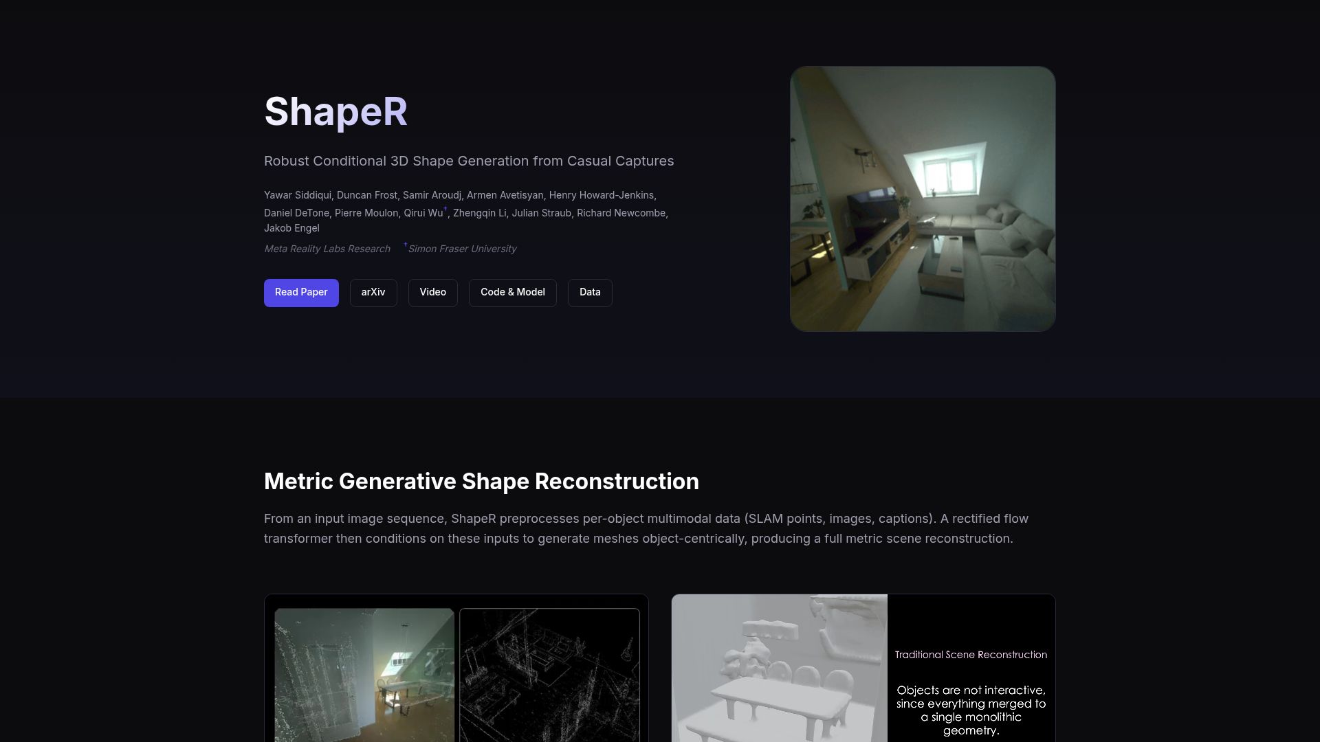 Screenshot of facebookresearch.github.io: Robust Conditional 3D Shape Generation from Casual Captures