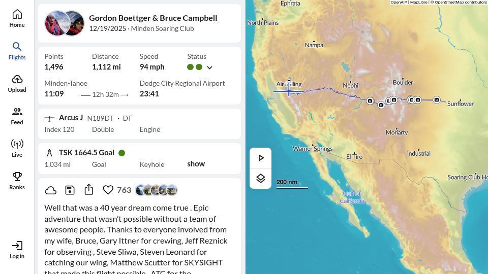 Screenshot of weglide.org: From Nevada to Kansas by Glider