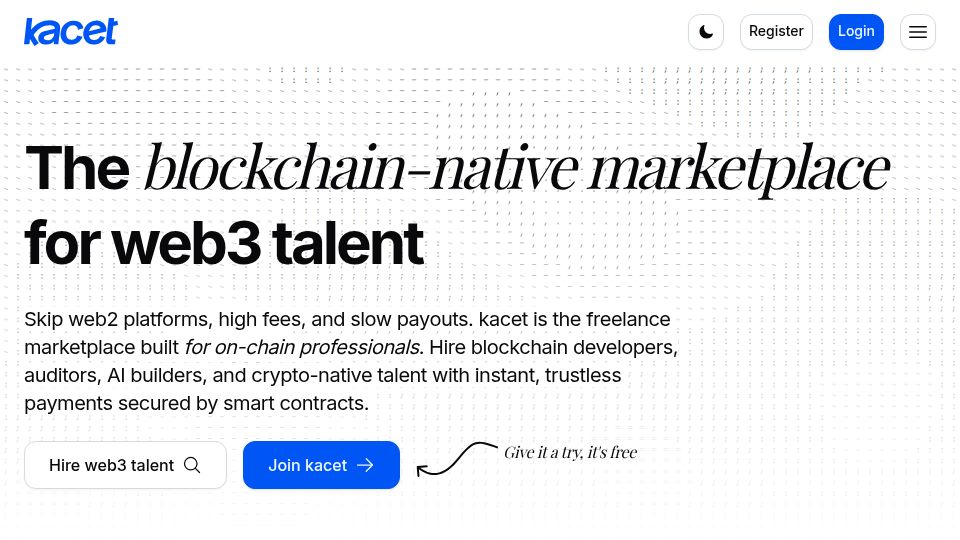 Screenshot of kacet.com: Show HN: Kacet – a freelancer marketplace with crypto-native payments