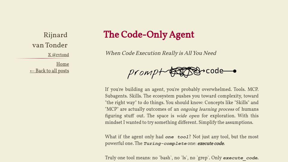 Screenshot of rijnard.com: The Code-Only Agent