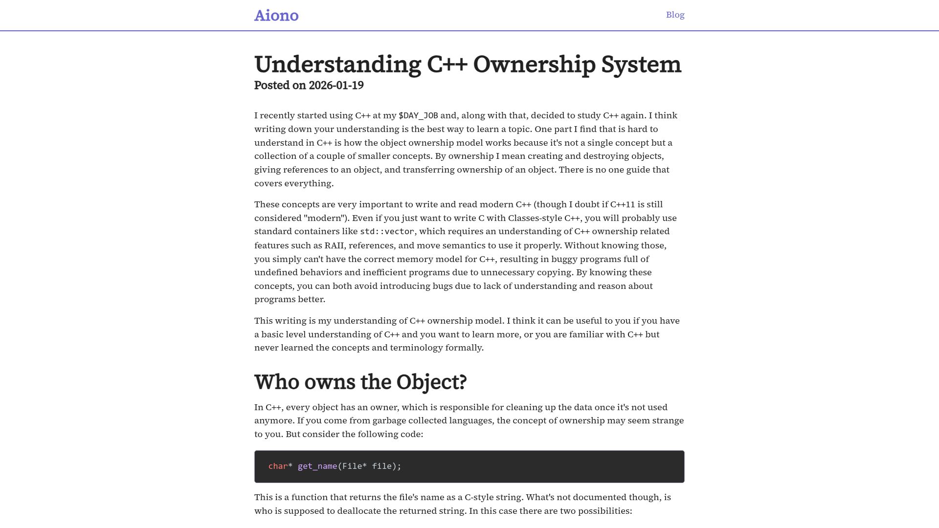 Screenshot of blog.aiono.dev: Understanding C++ Ownership System