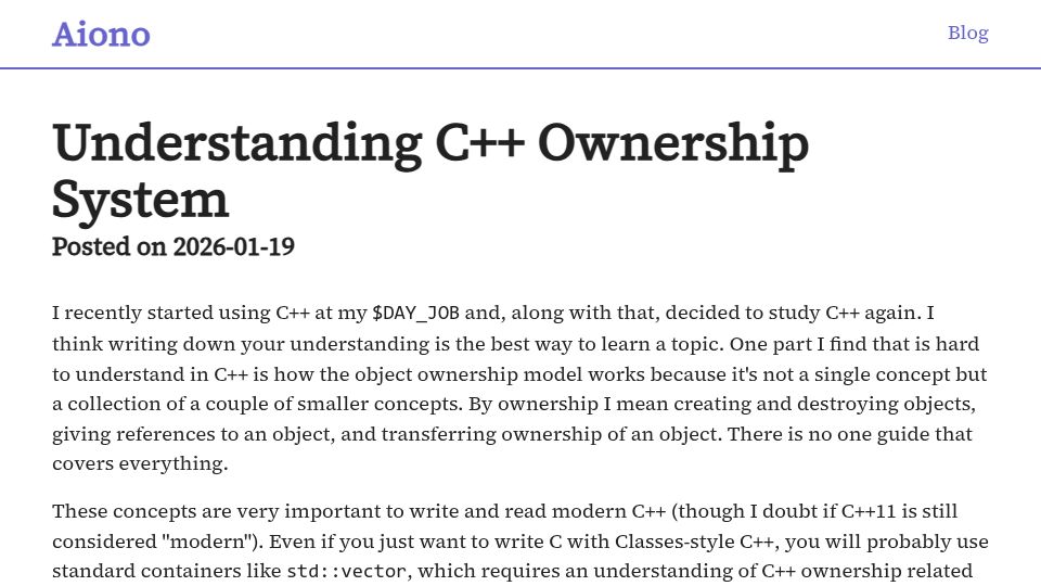 Screenshot of blog.aiono.dev: Understanding C++ Ownership System