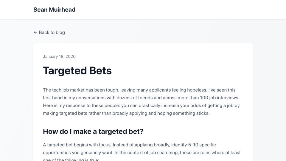 Screenshot of seanmuirhead.com: Targeted Bets: An alternative approach to the job hunt