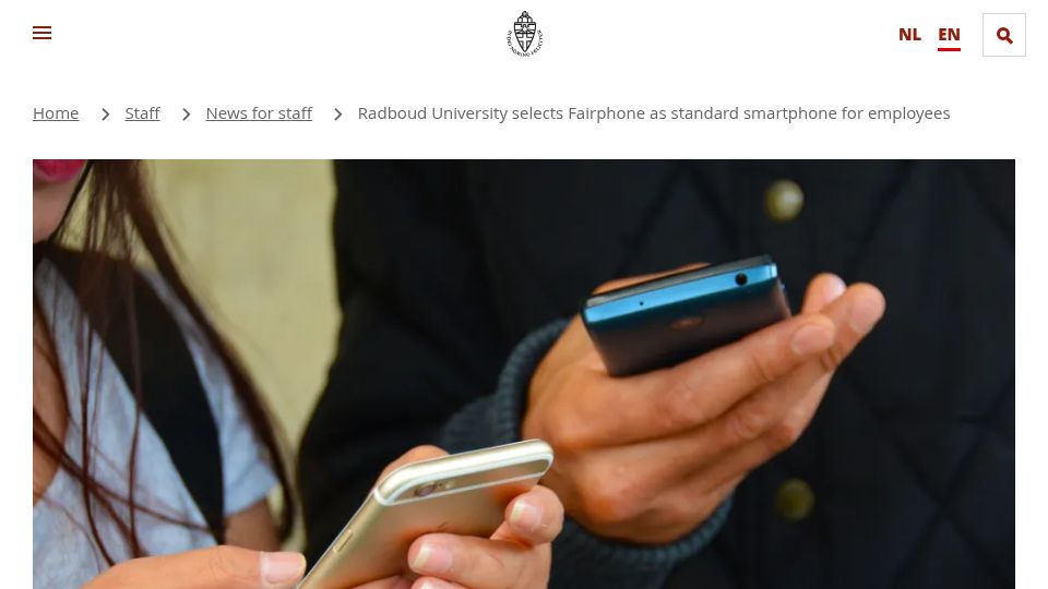 Screenshot of ru.nl: Radboud University selects Fairphone as standard smartphone for employees