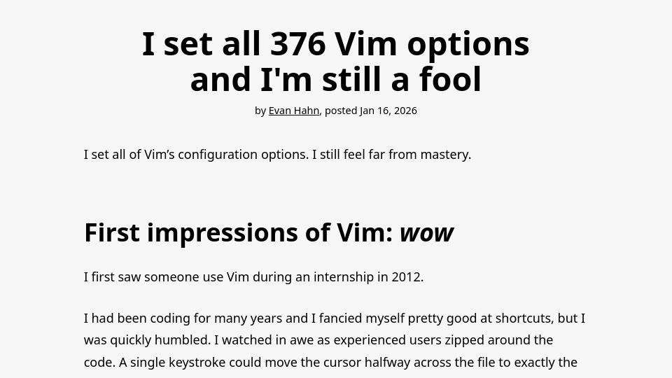 Screenshot of evanhahn.com: I set all 376 Vim options and I'm still a fool